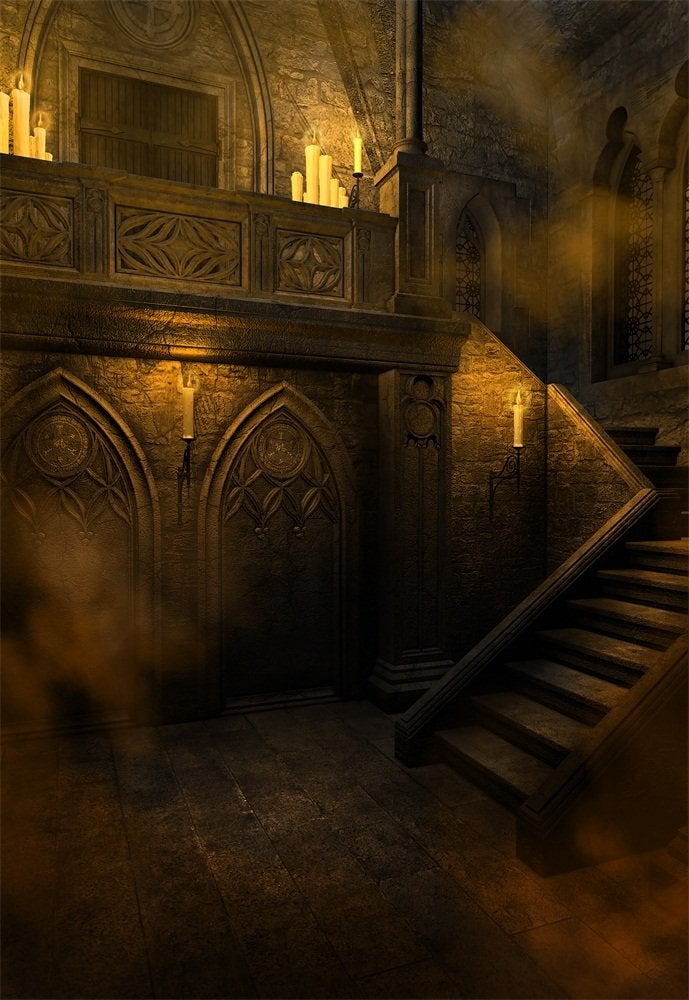 AOFOTO 6x8ft Gloomy Gothic Style Stairway Backdrop for Photography Halloween Carnival Scary Castle Night Vintage Room Stone Wall Scene Stairs Candle Background Boy Kids Portrait Photo Studio Props - Image 1